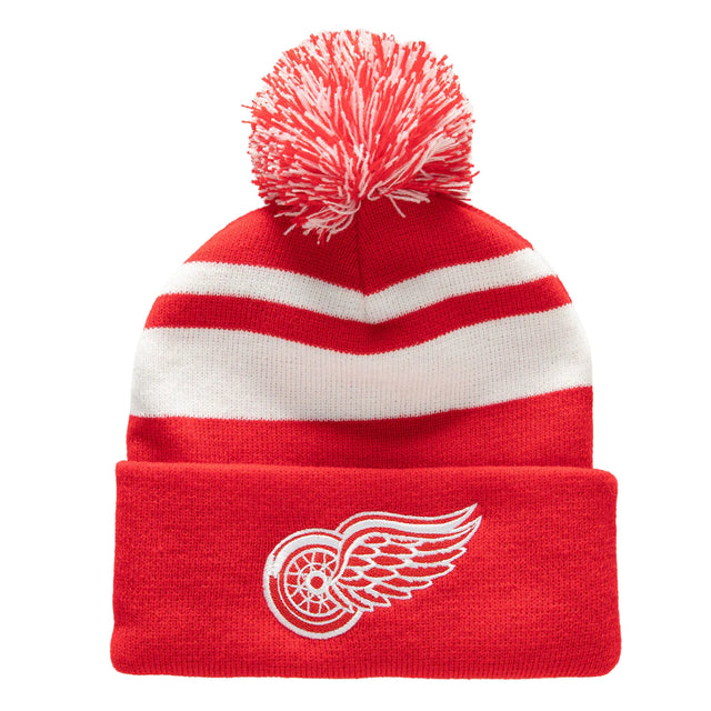 NHL DETROIT RED WINGS Mitchell & Ness Stripe Cuffed Knit Hat with Pom  KTPCLD21212DRWR