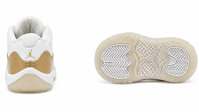 White and gold sneakers shown from multiple angles on a white background