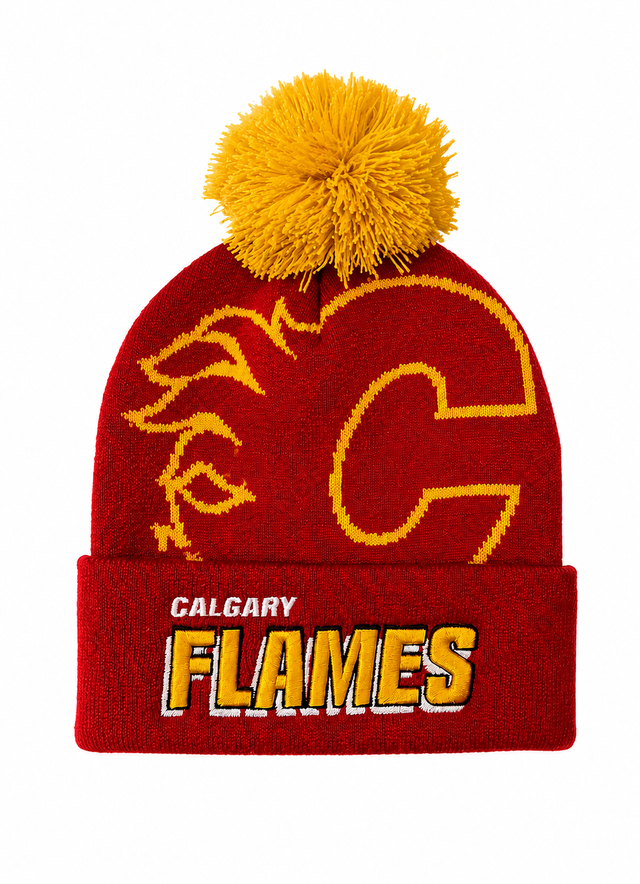 NHL FLAMES Mitchell & Ness Puch Out Knit Hat with Pom  KTPX22016CFLR
